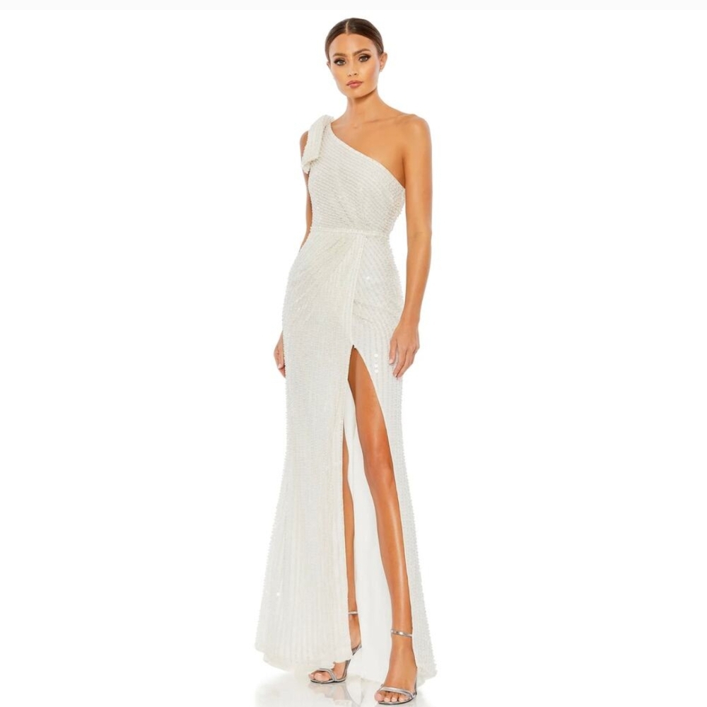 Mac Duggal 93735 Pearl Embellished Soft Tie One Shoulder Gown 14 NWD